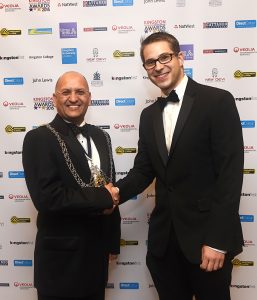 The Mayor of Kingston Upon Thames (2015-2016) Councillor Roy Arora (left) presenting Figment managing director Steven Grant (right) with the award for Best Creative and Media Sector business 2015.